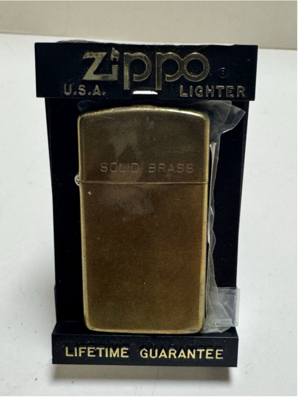 1991 Zippo Slim Solid Brass Lighter 1932-1991 w/ Case & Papers